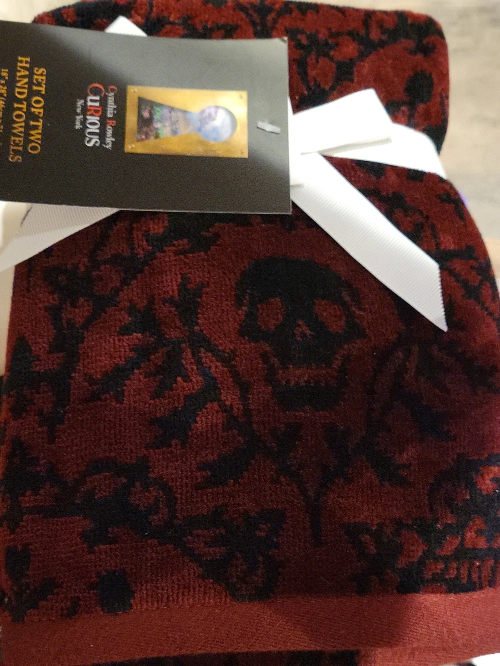 Gothic Skulls Set Of 2 Dk.Burgundy Hand Towels/Cynthia Rowley,NWT